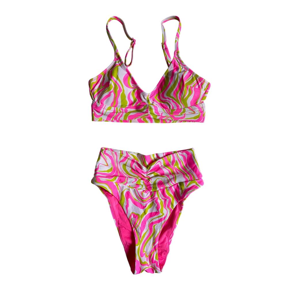 aerie Ruched Longline Bikini Top & Ruched High Cut Cheeky Bikini Bottoms - XS